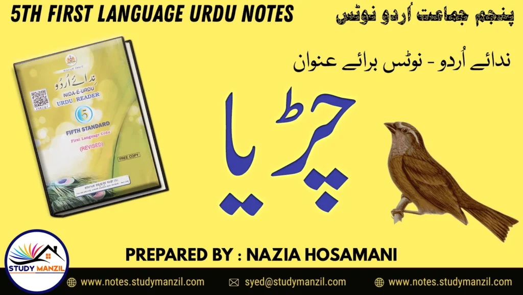 Notes For Class 5 Urdu Lesson Chidya | پنجم جماعت اُردو نوٹس سبق چڑیا | www.notes.studymanzil.com