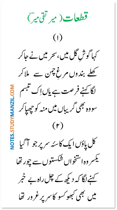 Notes For Class 9 Urdu Lesson Qatat Meer Taqi Meer | نہم جماعت اُردو نوٹس سبق قطعات | www.notes.studymanzil.com