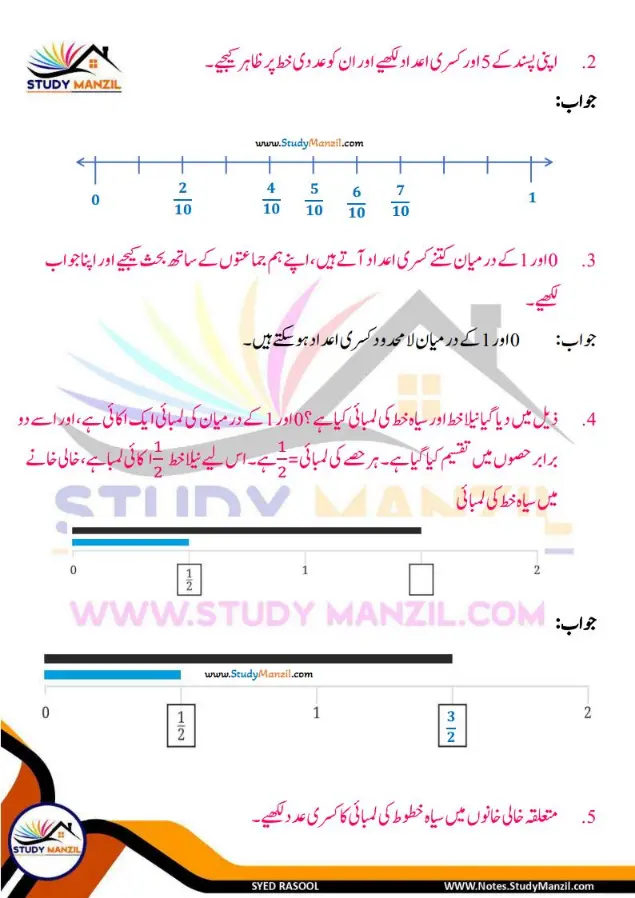Notes For Class 6 Maths Chapter-7 Kasri Aidad | ششم جماعت ریاضی نوٹس سبق کسری اعداد | www.notes.studymanzil.com