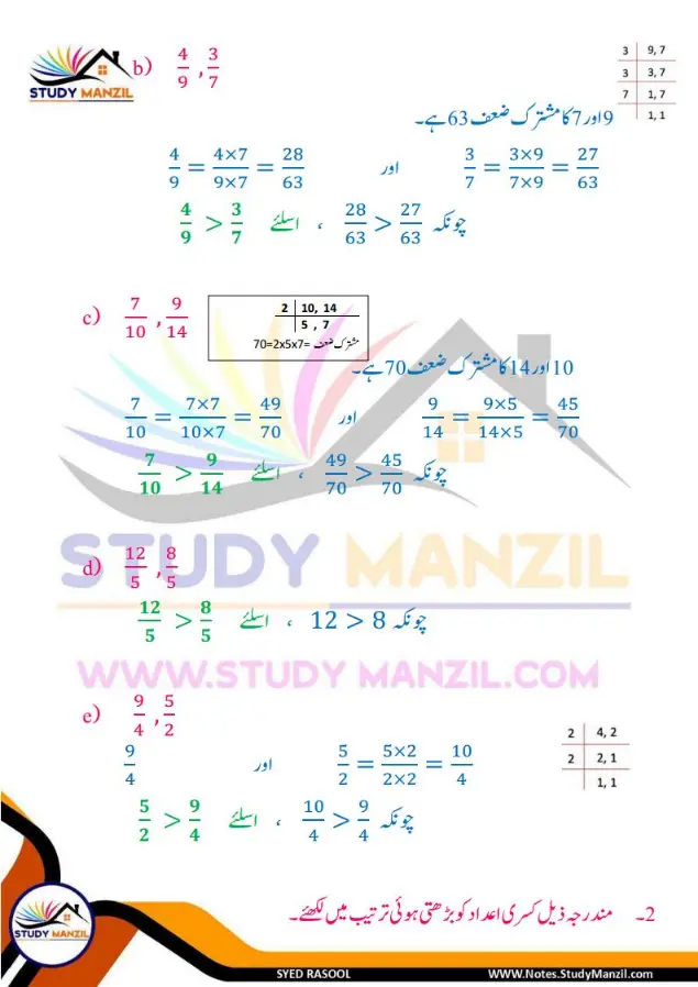 Notes For Class 6 Maths Chapter-7 Kasri Aidad | ششم جماعت ریاضی نوٹس سبق کسری اعداد | www.notes.studymanzil.com
