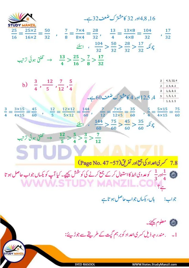 Notes For Class 6 Maths Chapter-7 Kasri Aidad | ششم جماعت ریاضی نوٹس سبق کسری اعداد | www.notes.studymanzil.com