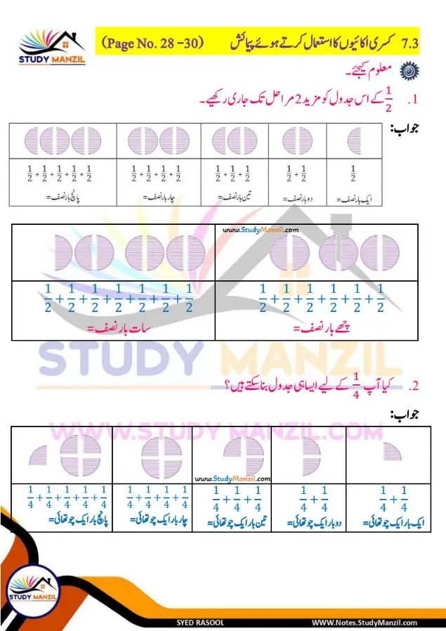 Notes For Class 6 Maths Chapter-7 Kasri Aidad | ششم جماعت ریاضی نوٹس سبق کسری اعداد | www.notes.studymanzil.com