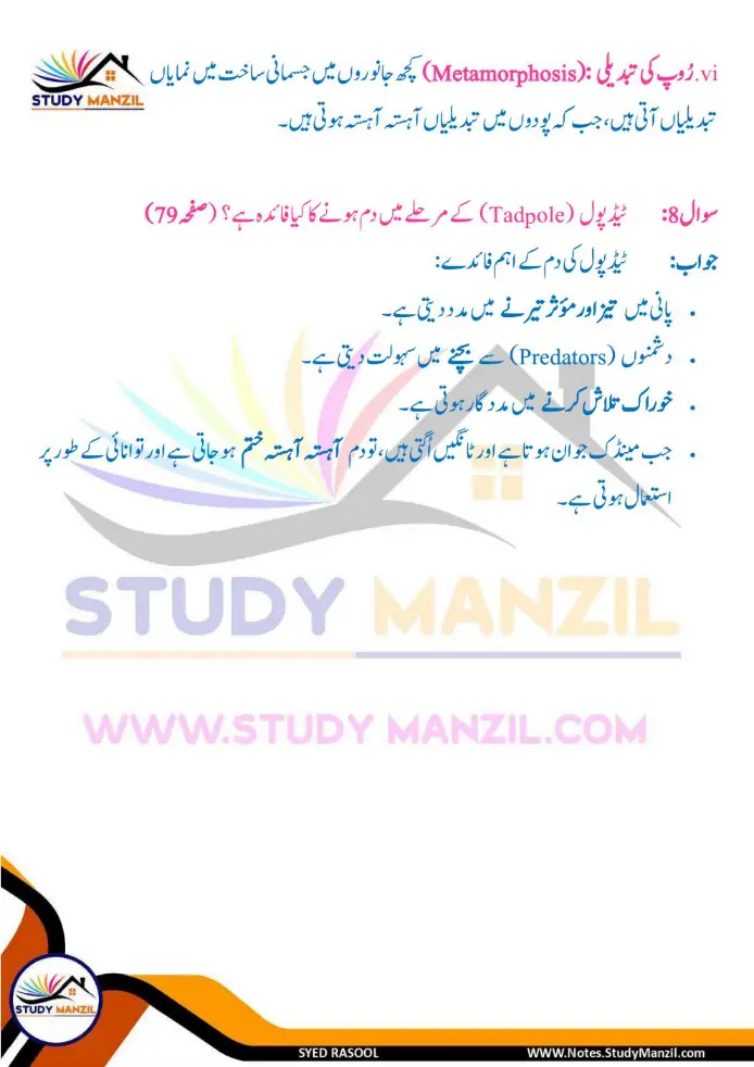 Notes For Class 6 Science Chapter 10 Jandar Makhluqat inki Khususiyat | ششم جماعت سائنس نوٹس سبق جاندار مخلوقات ان کی خصوصیات کی تفتیش| www.notes.studymanzil.com