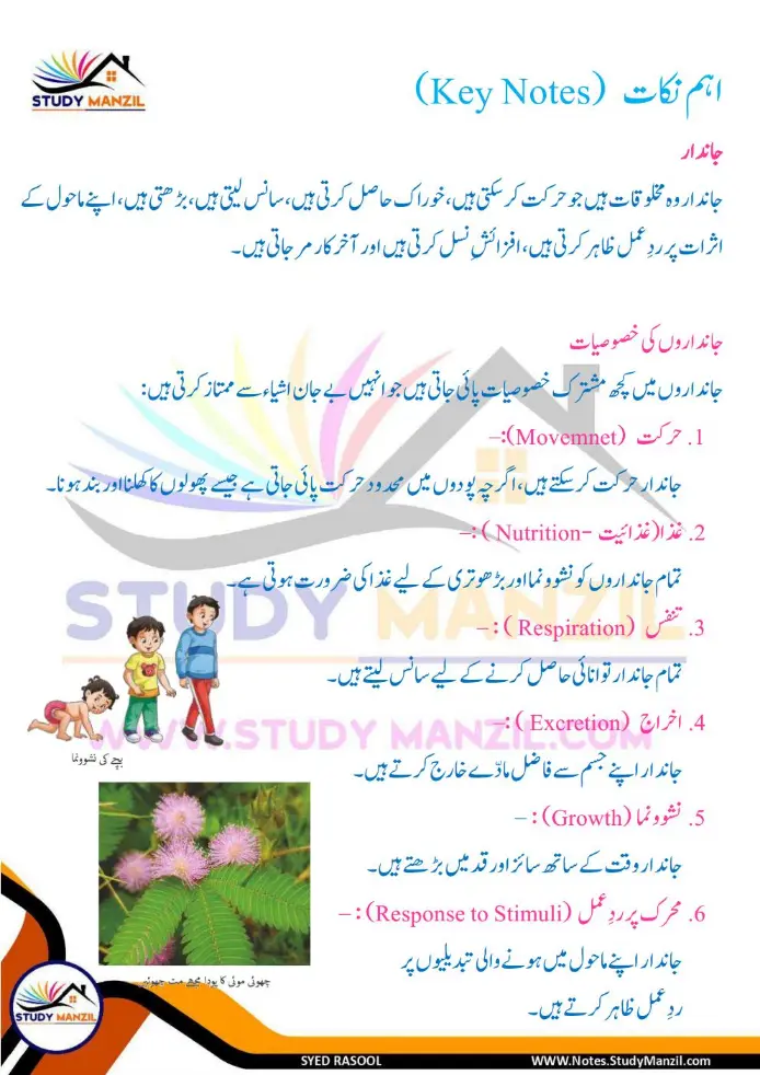 Notes For Class 6 Science Chapter 10 Jandar Makhluqat inki Khususiyat | ششم جماعت سائنس نوٹس سبق جاندار مخلوقات ان کی خصوصیات کی تفتیش| www.notes.studymanzil.com