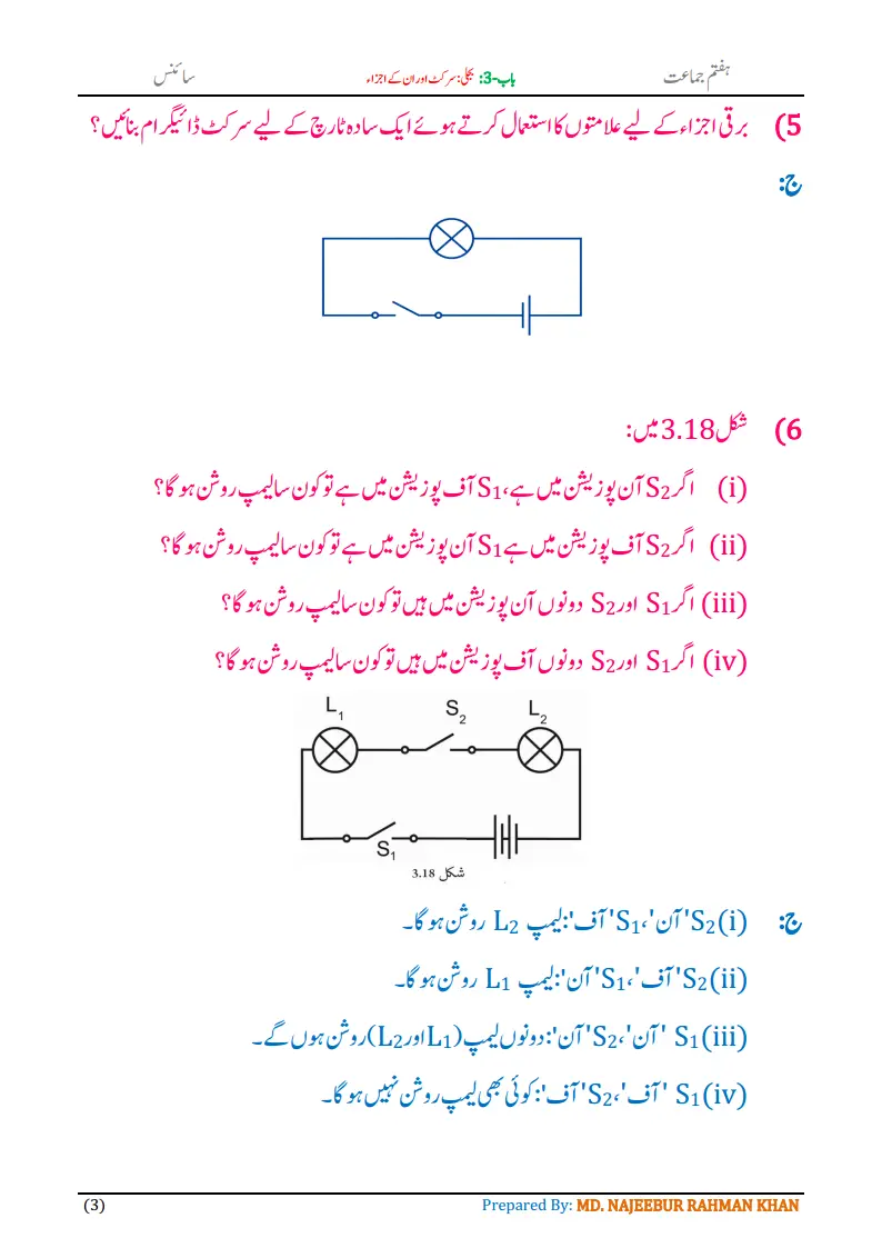 Notes For Class 7 Science Chapter-3 Bijli Circuit Aur Unke Ajza | ہفتم جماعت سائنس نوٹس سبق بجلی: سرکٹ اور ان کے اجزا | www.notes.studymanzil.com