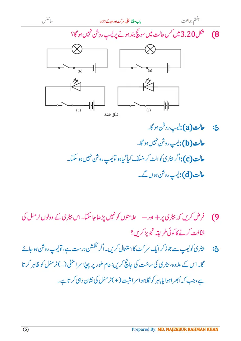 Notes For Class 7 Science Chapter-3 Bijli Circuit Aur Unke Ajza | ہفتم جماعت سائنس نوٹس سبق بجلی: سرکٹ اور ان کے اجزا | www.notes.studymanzil.com