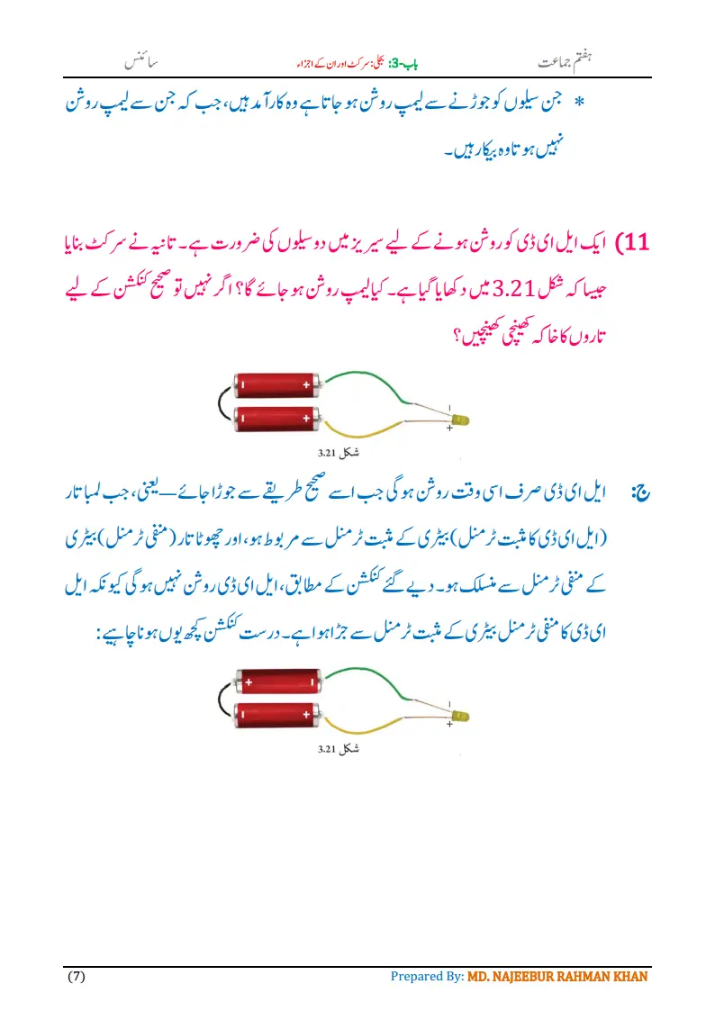 Notes For Class 7 Science Chapter-3 Bijli Circuit Aur Unke Ajza | ہفتم جماعت سائنس نوٹس سبق بجلی: سرکٹ اور ان کے اجزا | www.notes.studymanzil.com