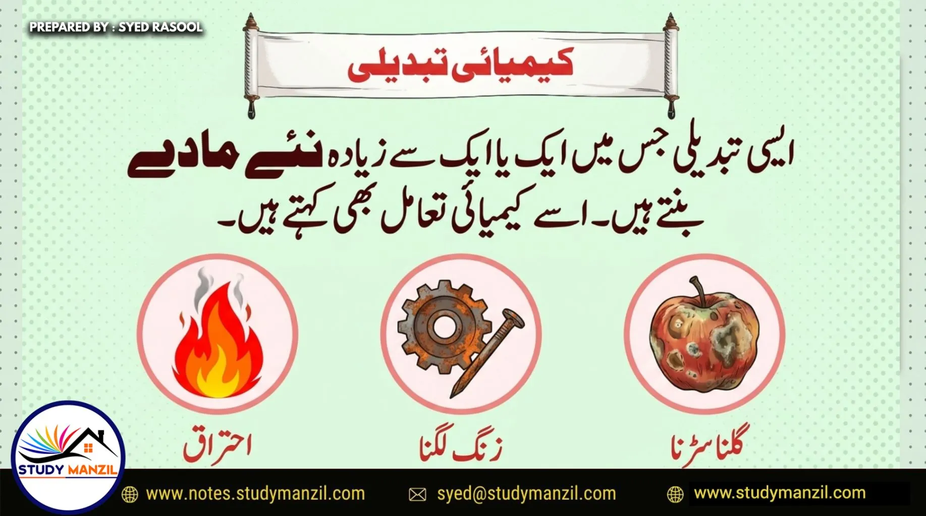 Notes For Class 7 Science Chapter-5 Hamare Atraf Me Tabdiliya | ہفتم جماعت سائنس نوٹس سبق ہمارے اطراف میں تبدیلیاں: طبیعی اور کیمیائی | www.notes.studymanzil.com
