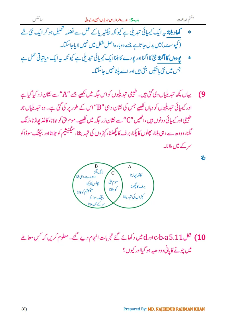 Notes For Class 7 Science Chapter-5 Hamare Atraf Me Tabdiliya | ہفتم جماعت سائنس نوٹس سبق ہمارے اطراف میں تبدیلیاں: طبیعی اور کیمیائی | www.notes.studymanzil.com