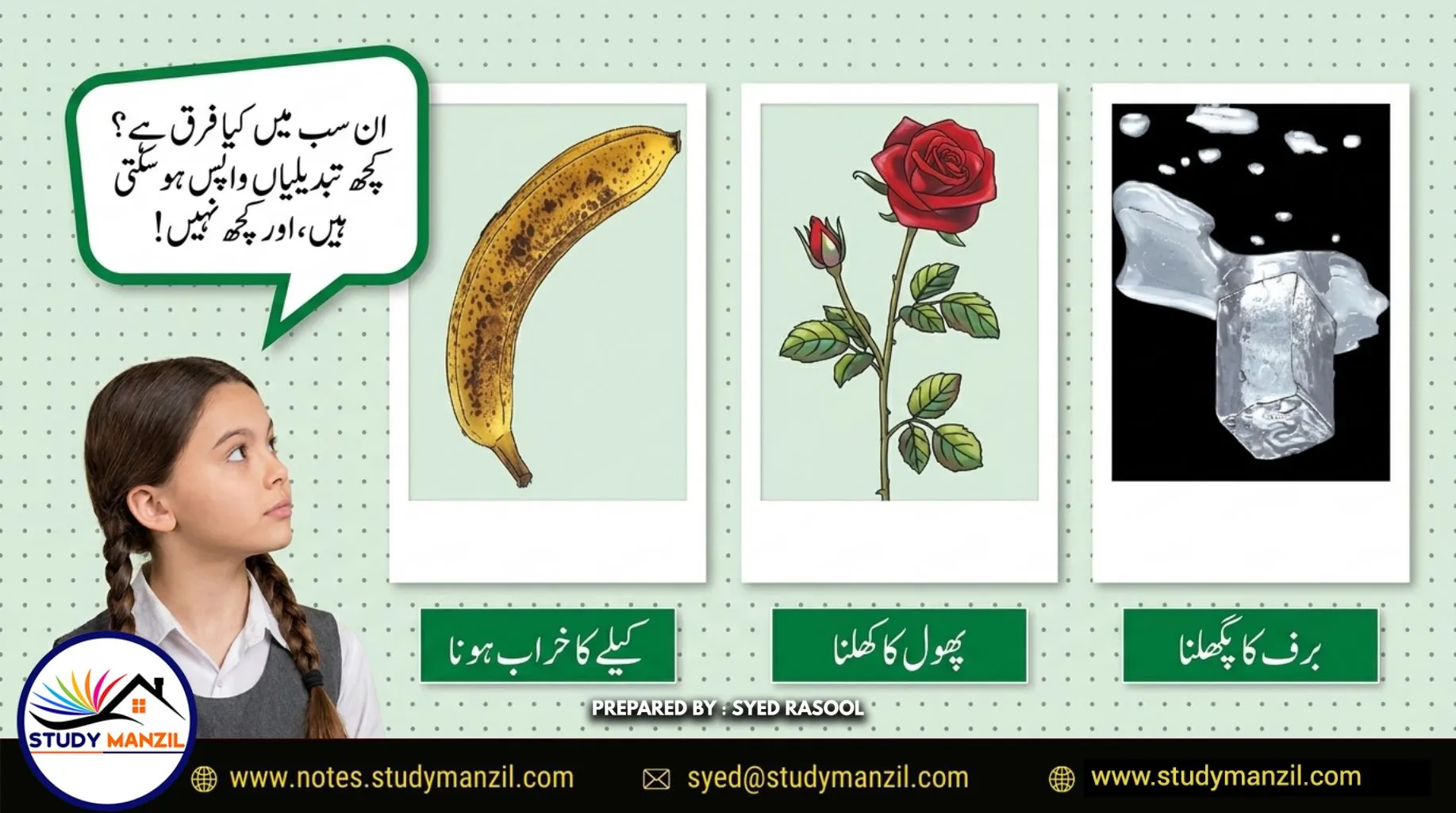 Notes For Class 7 Science Chapter-5 Hamare Atraf Me Tabdiliya | ہفتم جماعت سائنس نوٹس سبق ہمارے اطراف میں تبدیلیاں: طبیعی اور کیمیائی | www.notes.studymanzil.com