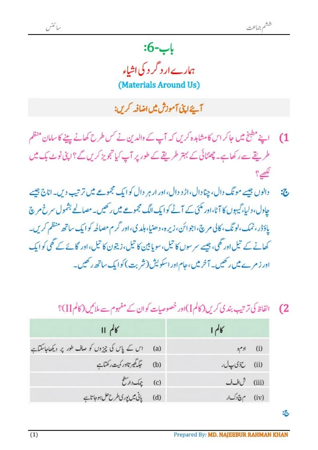 Notes For Class 6 Science Chapter-6 Hamare ird gird ki ashya | ششم جماعت سائنس نوٹس سبق ہمارے ارد گرد کی اشیاء 3 - Study Manzil Notes Ch 6 ہمارے ارد گرد کی اشیاءjpg Page1 - Study Manzil Notes